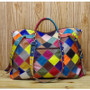 Bags women casual blocks patchwork tote genuine leather handbags