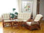 Malibu Lounge Set of 4: 2 Natural Rattan Wicker Chairs, Loveseat with Cream Cushion and Coffee Table w/Glass Handmade, Colonial
