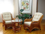 Jam Rattan Wicker Living Room Set 4 Pieces 2 Lounge Chair Loveseat/Sofa Coffee Table Colonial (Light Brown). Cream Cushions.