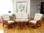 Jam Rattan Wicker Living Room Set 4 Pieces 2 Lounge Chair Loveseat/Sofa Coffee Table Colonial (Light Brown). Cream Cushions.