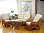 Jam Rattan Wicker Living Room Set 4 Pieces 2 Lounge Chair Loveseat/Sofa Coffee Table Colonial (Light Brown). Cream Cushions.