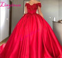 Modest Off Shoulder Red Ball Gown Prom Dresses