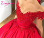 Modest Off Shoulder Red Ball Gown Prom Dresses
