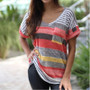 V-neck striped pocket top women's t-shirt
