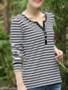 V Neck Single Breasted Stripes Long Sleeve T-Shirts