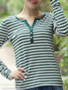 V Neck Single Breasted Stripes Long Sleeve T-Shirts