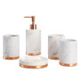 HARRA HOME Gold Accent White Marble Decorative Ceramic Bathroom Vanity Countertop Accessories Set - Includes Dispenser Pump, Toothbrush Stand, Makeup Holder, Tumbler Rinsing Cup, Soap Tray