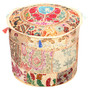 ndian Floor Pouf Cover Round Patchwork Embroidered Pouffe Ottoman Cover Beige Cotton floral