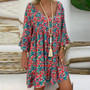 Long Sleeve Summer Loose Dress 2019 Thin Boho Beach Dresses Women Tunic Casual Tie V Neck Floral Print Midi Dress Plus Size 5XL