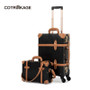 COTRUNKAGE Carry On Suitcase TSA Lock Vintage Suitcase Black Pu Leather Rolling Trunk 2 Piece Luggage Set with 13" Cosmetic Case