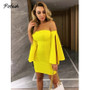 Pofash Off Shoulder Solid Mini Dress Women Sexy Backless Split Long Flare Sleeves Autumn Dresses Club Party Bodycon Dresses 2020