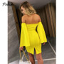 Pofash Off Shoulder Solid Mini Dress Women Sexy Backless Split Long Flare Sleeves Autumn Dresses Club Party Bodycon Dresses 2020