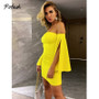 Pofash Off Shoulder Solid Mini Dress Women Sexy Backless Split Long Flare Sleeves Autumn Dresses Club Party Bodycon Dresses 2020