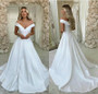 Satin Wedding Dresses V Neck Off Shoulder Button Back A Line Bridal Gowns