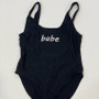 Sample Sale - Black Swimsuit, "babe", in White Glitter, Size: XL