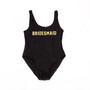 Sample Sale - Black Swimsuit, "Bridesmaid", in Gold Glitter, Size: 2XL