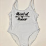 Sample Sale - White Swimsuit, "Maid of Honor", in Black Glitter, Size: 2XL