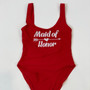 Sample Sale - Red Swimsuit, "Maid of Honor", in White Glitter, Size: M