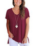 Ladies Short Sleeve Loose T Shirt Women Casual V Neck Hem Split Tops