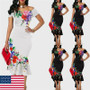 Women Off Shoulder Strap Elegant Bodycon White Black Roses Floral Dress