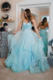 Blue Ruffles Backless Party Dresses Spaghetti Straps Tulle Prom Dresses D08