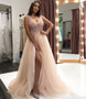 Stunning V Neck Long Tulle Split Side Prom Dresses with Sequins P994