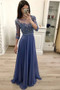 Elegant Round Neck Chiffon 3/4 Sleeves Prom Dresses with Beading P974