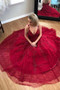 Pretty Burgundy V-neck Long Tulle Prom Dresses With Appliques M1076