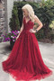 Pretty Burgundy V-neck Long Tulle Prom Dresses With Appliques M1076