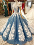 Glitter Blue Off The Shoulder Lace Up Long Ball Gown Wedding Dresses Princess Dress W0027