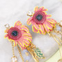 Pink Flowers With Beaded Tassels Dangle Earrings