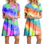 Women Summer Tie-dye Print Gradient Rainbow O Neck Short Sleeve Casual Dress