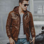 Men's Brown Leather Motorcycle Jacket with Removable Hood