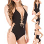 Women Sexy Deep V-neck One Piece Swimsuit with Gold Eyelet Bandage