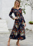 Women V-neck Print Slit Long Sleeve Day Dress