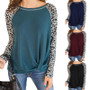 Women Leopard Knot Hem Raglan Sleeve T-shirt