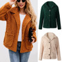 Women Lapel Pocket Button Woolen Coat