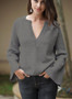 Women V Neck Solid Color Knit Loose Sweater