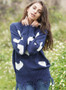 Women V-neck Heart Print Knit Loose Sweater