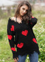 Women V-neck Heart Print Knit Loose Sweater