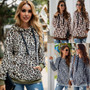 Women Leopard Drawstring Hooded Velvet Sweatshirt