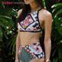 Sexy Floral Ethnic Printed High Waist Swimsuit Strappy High Neck Bikinis Set