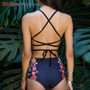 Sexy Floral Ethnic Printed High Waist Swimsuit Strappy High Neck Bikinis Set