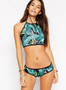 Women's Leaf Print High Halter Neck Bikini Set Swimwear