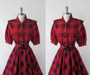 Vintage 80's 50's Style Full Skirt Red Plaid Flannel Dress S