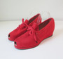 Vintage 40's Red Canvas Peep Toe Wedge Heels Casual Shoes 8