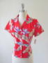 Vintage 80's Red Rayon Hawaiian Flower Top Blouse NOS M