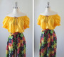 • Vintage 70's Yellow Off Shoulder Patchwork Wide Leg Palazzo Jumpsuit M/L