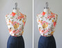 Vintage 50's 60's Fruit Apple Orange Flower Print Blouse Top Shirt M