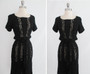 Vintage 40's Black Hand Crochet Knit Ribbon Dress S